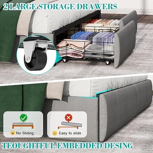 Queen Bed Frame with 2 Storage Drawers, Platform Bed Frame Queen Size with LED Light, Upholstered Headboard, Charging Station, Steel Slat Support, No Box Spring Needed, Noise-Free, Easy Assembly, Gray thumbnail 8