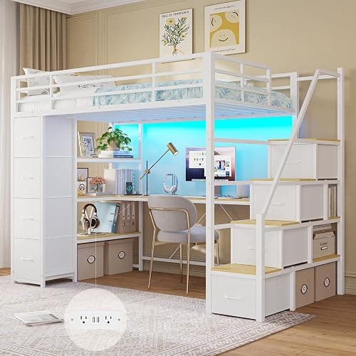 DICTAC Loft Bed Twin Size with Storage Stairs,Desk and Charging Station,Metal Twin Loft Bed with LED Lights,8 Storage Drawers,3-tier Shelves,Loft Beds for Kids,Teens,Adults with Safety Guardrail,White - Image 1