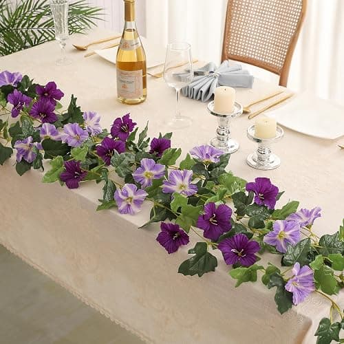 Floweroyal 6 Pack Artificial Flower Garlands 15.8FT Fake Morning Glory Vines Silk Flowers Hanging Garland Ivy for Wedding Arch Party Home Garden Wall Decor (Purple) thumbnail 7