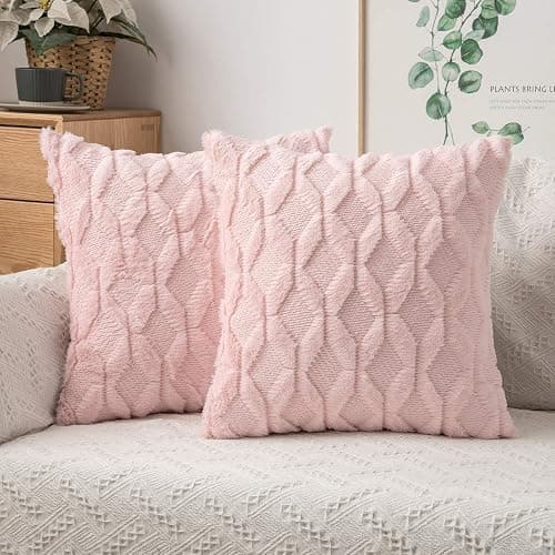 MIULEE Light Pink Throw Pillow Covers 18x18 Set of 2 Spring Decorative Farmhouse Couch Throw Pillows Boho Shells Cute Soft Plush Wool Winter Pillowcases for Valentines Day Bedroom Living Room Sofa - Image 1