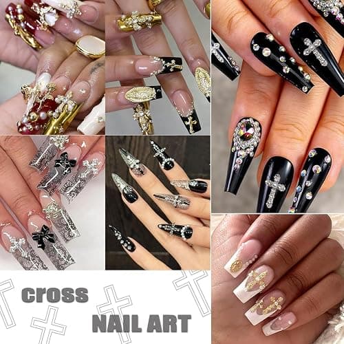 80Pcs Cross Nail Charms Gold Silver Y2k Nail Art Rhinestones Gems | Shiny Nail Jewelry Acrylic Nail Accessories for Women DIY Manicure Decorations thumbnail 5