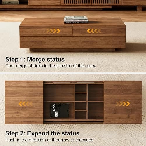 Pajiasen Mid-Century Modern Farmhouse 47.2-81.8" Expandable Coffee Table，Adjustable Center Table with Large Storage for Living Room, Walnut thumbnail 8