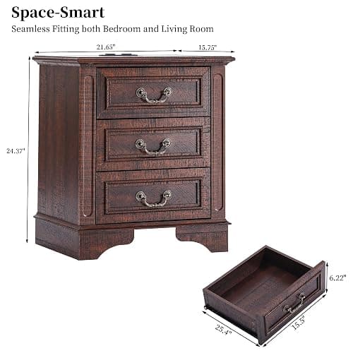 3 Pieces Farmhouse Dresser Nightstand Sets Chest of Drawers for Bedroom | 7-Drawer 55" W Dresser & 3-Drawer Nightstand Sets Rustic Wood Bedroom Furniture Set for Home Hallway Dark Brown thumbnail 3
