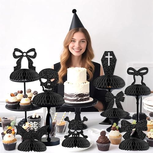 Cheerupp 8 Pcs Gothic Black Bow Glitter Honeycomb Centerpieces Decorations, Black Table Toppers Decor, Skull Skeleton 3D Table Signs for Bachelorette Birthday Party Supplies thumbnail 3