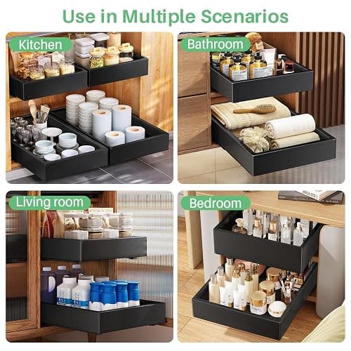 SAYZH Pull Out Cabinet Organiser, Heavy Duty Slide Out Drawer Storage Shelves for Kitchen Cupboard, Extendable Sliding Drawer(43 CM Depth x 25 CM Width x 9CM Height), No Need Drill(Black) thumbnail 9