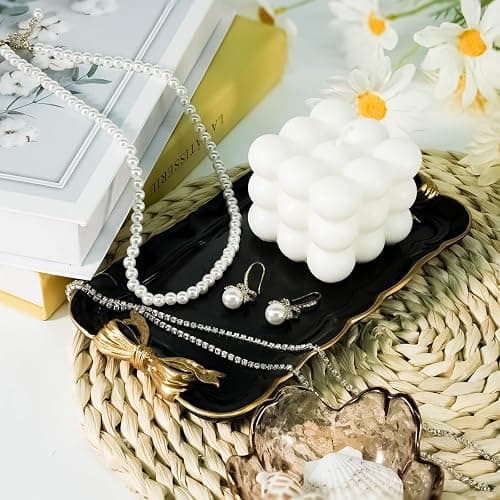 Warmtree Bow Jewelry Tray, Coquette Trinket Dish, Vanity Decor | Decorative Tray for Jewelry, Towel, Storage, Rings, Bracelets, Earrings, Cosmetics, Retro Design for Room Decor, Black thumbnail 6
