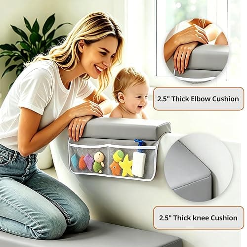 JVEOO Baby Waterproof Vegan Leather Bath Kneeler and Elbow Rest Pad Set | Thickened Non-Slip Memory Foam Knee & Arm Support Bathtub Mat with Toy Organizer for Infant Toddler Bathing thumbnail 5