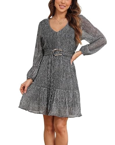 NERLEROLIAN Woman Shiny Threads Dress Long Sleeve Lined with Belt V Neck Mini Pleated Dress - Image 1