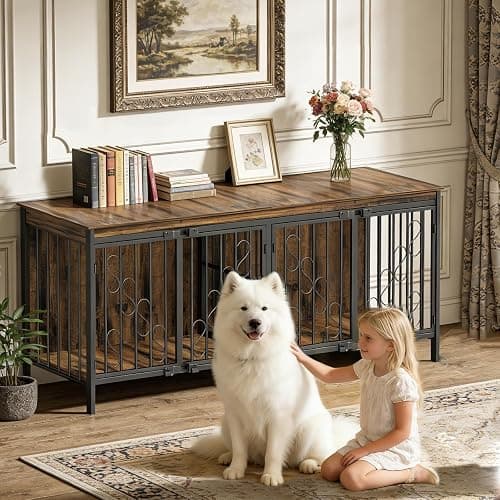 COZPAW 71" Double Dog Crate with Elevated Legs, Brown | Extra-large kennel for 2 dogs, 5,5" raised legs for robot vacuum access, Heavy-duty steel & wood, Modern TV stand thumbnail 8