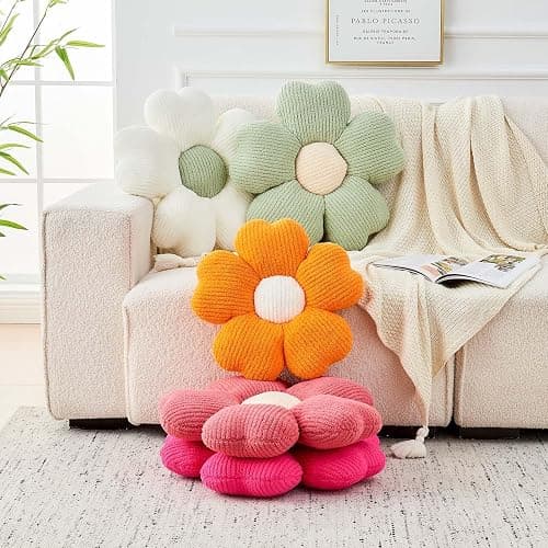 Kcvvcr Flower Throw Pillow, Cute Flower Shaped Pillow Decorative Throw Pillow for Bed Couch, Soft Daisy Pillows Floor Seating Cushion Cushions (14.9 Inch White+Green) thumbnail 2