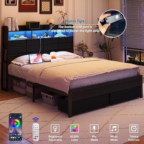 Etditrnp Full Bed Frame with Storage Headboard, Upholstered Black Bed Frame with 4 Drawers, LED Lights, and Charging Station, Heavy-Duty Metal Slats Support, Noise-Free thumbnail 4