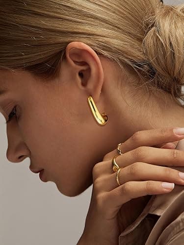 FOURPG 10 Pairs Hypoallergenic Chunky Gold Dangle Earrings for Women Trendy Thick Gold Plated Hoop Earrings Set Lightweight Jewelry thumbnail 8