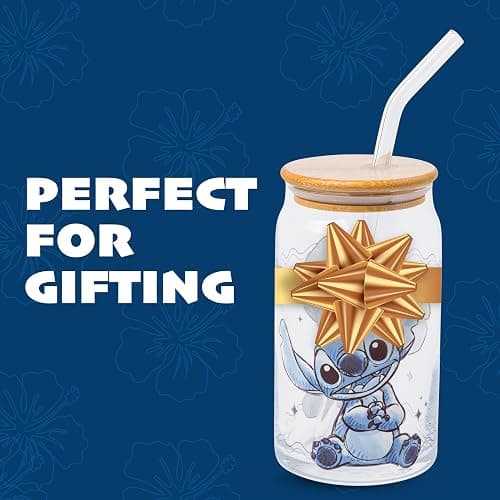 Silver Buffalo Disney Lilo and Stitch Sitting Glass Jar Tumbler with Bamboo Lid and Glass Straw, 16 Ounces thumbnail 8