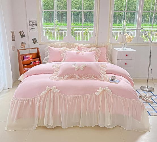 SOUKECHY Chic Lace Bedding,Girls Twin Aesthetic Comforter Cover Set,Romantic French Princess Style Ruffled Duvet Cover with Lovely Bow with Zipper Closure-Pink,Twin Size - Image 1