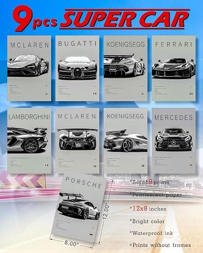 dazongweihan 9pcs Super Car Posters for Boys Room, Racing Car Wall Art for Men Guys,Sports Car Wall Decor, Race Cars Pictures Wall Decor for Bedroom Dorm Man Cave(Unframed,8x12inch) (X1) thumbnail 3