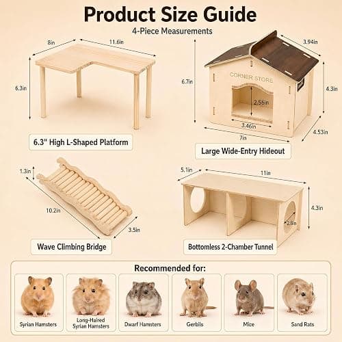 Viventwave 4-Piece 6.3-Inch High Hamster Platform Set, Large House Hideout | Hamster Cage Accessories: Hamster House, Hides & 2-Chamber Tunnel for Large Syrian Hamsters, Dwarf Hamsters, Gerbils and Mice thumbnail 3