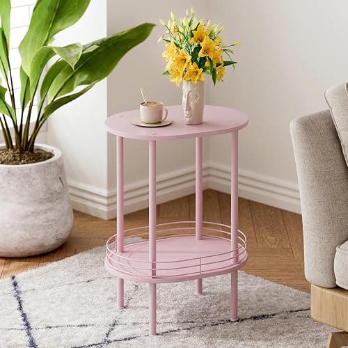 Small Modern Oval Side Table with Storage,2-Tier Side Tables Living Room,Sturdy Nightstand for Small Space - Living Room, Bedroom, Bathroom, Nursery (1PC,Pink) thumbnail 3