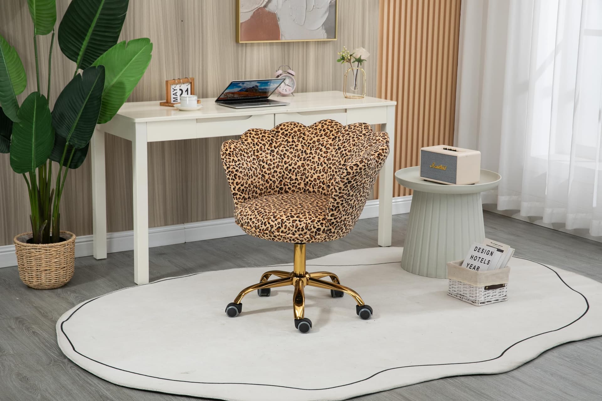 ZOBIDO Comfy Home Office Task Chair with Wheels, Cute Modern Upholstered Velvet Seashell Back Adjustable Swivel Vanity Desk Chair, for Women, for Kids, for Girls, Living Room(Leopard Stripe) thumbnail 5