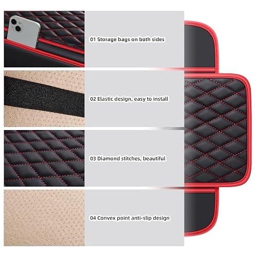 AuraSettle Waterproof Leather Car Center Console Pad with 2 Storage Bags, Auto Armrest Box Cover Protector, Comfortable Interior Accessories for Most Household Cars, Sedans & SUV (Black Red Stitch) thumbnail 6