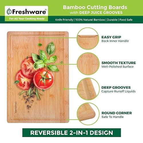 Freshware Wood Cutting Boards for Kitchen - Bamboo Cutting Board Set of 3, Cutting Boards with Juice Grooves, Serving Board Set, Chopping Board for Meat, Veggie, Easy Grip Handle (9x6, 12x8, 15x10) thumbnail 5