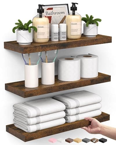 BAYKA Rustic Brown Bathroom Floating Shelves, 15.7in, 3Pk, Wall Mount Shelf | Easy Install, 22lbs Max Load, Hidden Bracket, for Living Room Bedroom Kitchen Display Storage Decor, Multi-Wall Compatible - Image 1