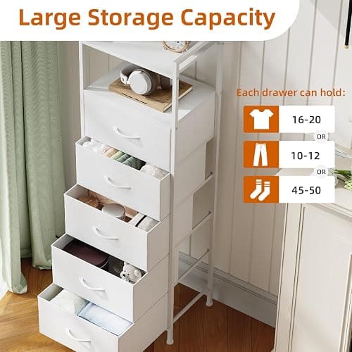 Somdot White Tall Night Stand for Bedroom,Tall 5 Drawers Dresser, Vertical Storage Tower Unit, Nightstand Furniture with Fabric Drawer Organizer in Bedside Kids Dorm Room Closet Laundry Entryway thumbnail 5