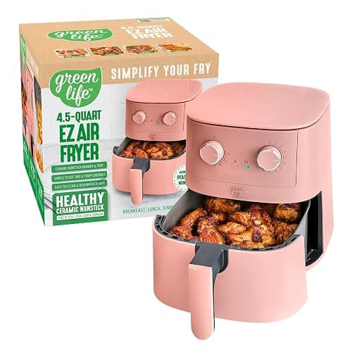 GreenLife 4.5QT Air Fryer, Mechanical Dial Controls, PFAS-Free Ceramic Nonstick Drawer, Adjustable Temp & Timer, LED Indicator, Oil-Less Cooking, Dishwasher Safe, Compact Family Size, Pink - Image 1