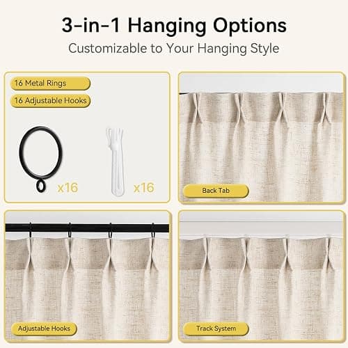 Liz Sheer Pinch Pleated Linen Curtains 90 Inches Long - Light Filtering Pleat Curtains for Living Room,Window Curtains for Bedroom, Luxury Pinch Pleated Drapes with Hooks, Natural, 2 Panels Set thumbnail 6