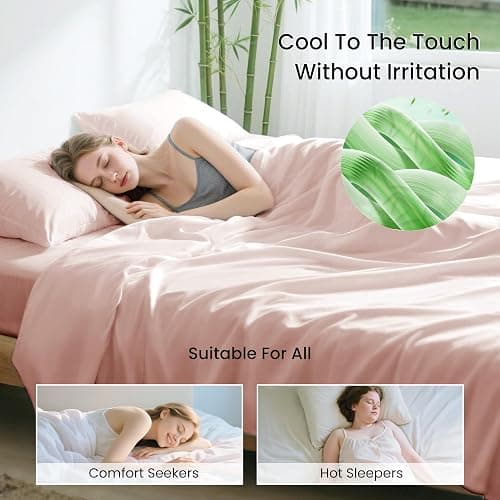 Love's cabin 4 Piece Queen Sheet Set, 100% Rayon Derived from Bamboo, Cooling & Breathable, Soft Silky Deep Pocket up to 16", Hotel Luxury Bedding for Hot Sleepers, Pink thumbnail 3