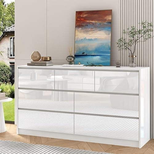 jiteentarou White Malm Dresser for Bedroom, 55 Inch Full High Gloss Dresser with 7 Drawers, Modern Large Wood Chest of Drawer Handle Free, Living Room, Entryway, Hallway, White thumbnail 5