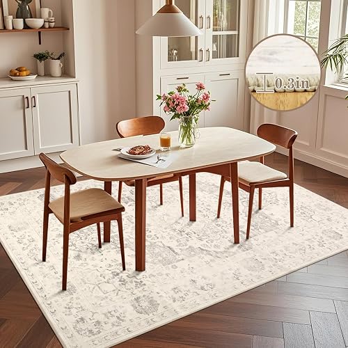 nesrt Boho Washable Area Rugs 5x7 Non Slip, Vintage Living Room Rugs, Ivory | Classic Large Thin Printed Soft Bedroom Nursery Floor Carpet for Farmhouse Dining Room Playroom Study Home Office thumbnail 5