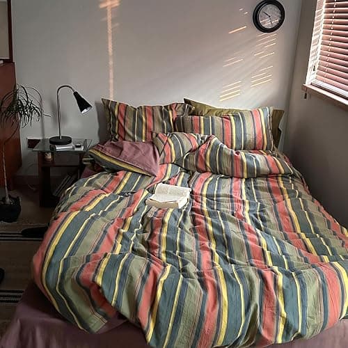 mixinni Vintage Striped Duvet Cover Set Queen Size - 3 Piece 100% Washed Cotton Bedding Set, Soft & Breathable, Colorful Striped Pattern Printed Comforter Cover for All Seasons thumbnail 3