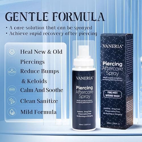 VANERIA 2Pack Piercing Aftercare Spray, 60ml, Piercings Treatment, Jewelry Maintenance Spray, Piercings Bumps, for Ears, Nose, Navel Piercings(2.03 fl.oz)（2 pcs） thumbnail 7