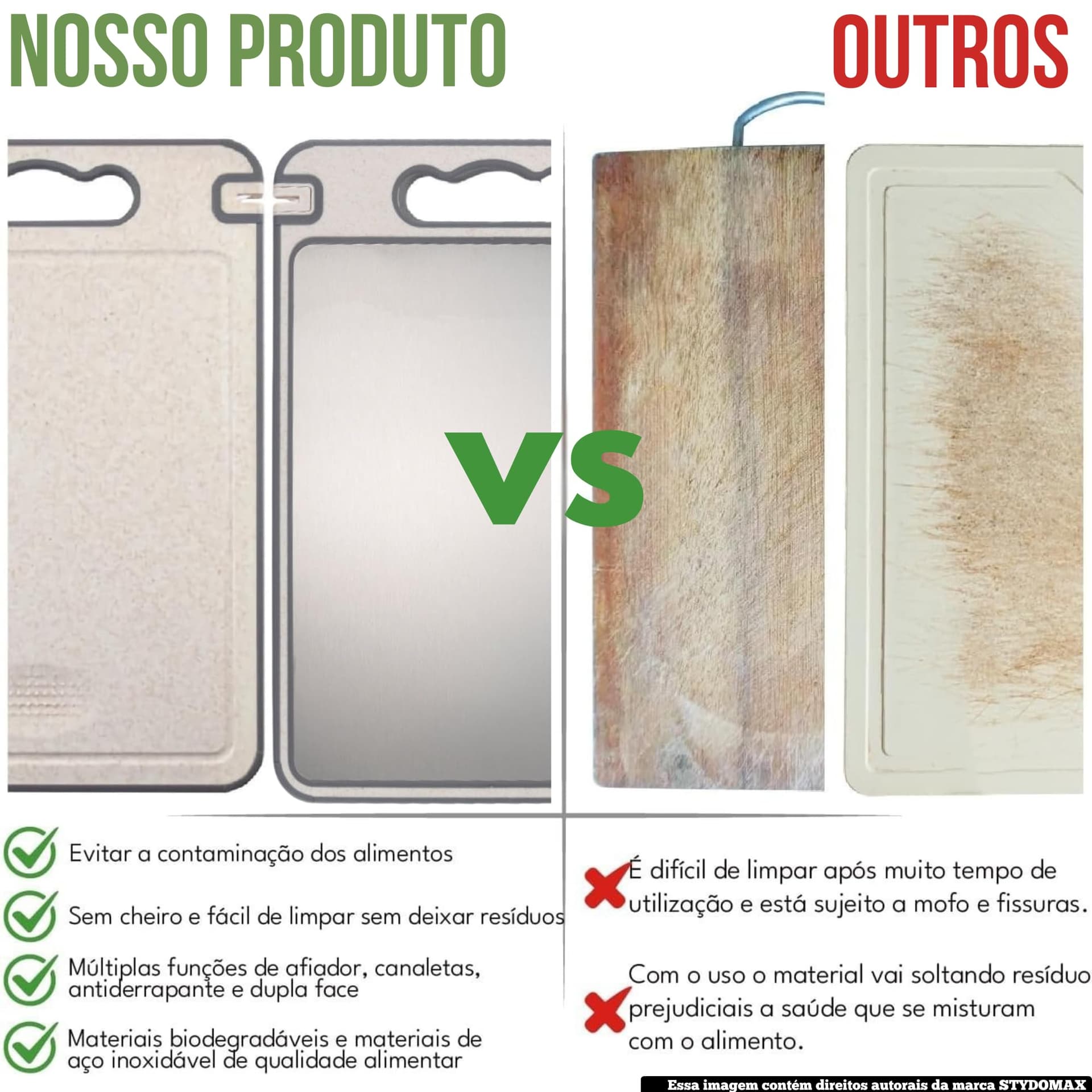 Tábua de Corte Inox Cozinha Dupla Face Aço Inoxidável e PP, Superfície Higiênica para Carnes, Frutas e Vegetais, Afiador Integrado Base Antiderrapante e Alça Ergonômica Premium thumbnail 8