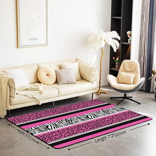 jejeloiu Leopard Living Room Rugs Area Rug 4x5 Pink Black White Stripe Accent Rug Set for Cheetah Indoor Floor Mat Non-Slip Safari Animal Zebra Print Non Slip Area Runner Rug thumbnail 2