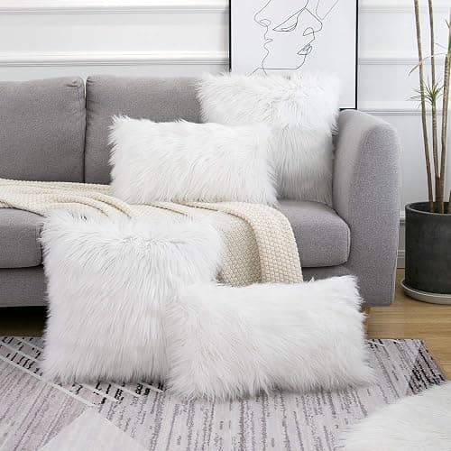 WLNUI Set of 2 White Christmas Decorative Fluffy Pillow Covers New Luxury Series Merino Style Faux Fur Throw Pillow Covers Square Fuzzy Cushion Case for Sofa Bedroom Living Room Home Decor 18x18 Inch thumbnail 5