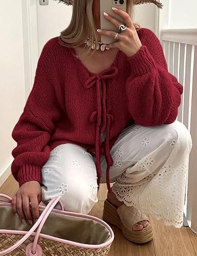 PRETTYGARDEN Women's Tie Front Bow Cardigan Sweaters Chunky Knit Long Puff Sleeve Trendy Fall Winter Jacket Coats thumbnail 6
