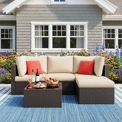 Vongrasig 5 Piece Patio Furniture Sets, Outdoor Patio Set Sectional Sofa, All-Weather PE Rattan Outdoor Couch with Ottoman, Glass Table for Garden, Backyard, Porch, Beige thumbnail 3