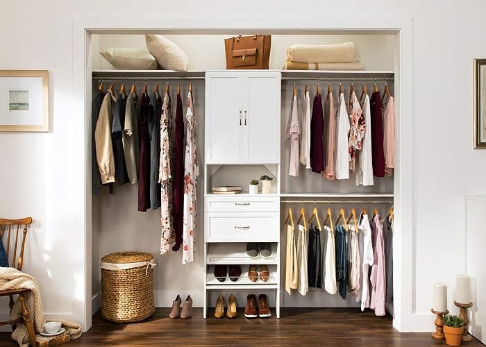 ClosetMaid SuiteSymphony Wood Closet Organizer Starter Kit Tower and 3 Hang Rods, Shelves, Adjustable, Fits Spaces 5 – 10 ft. Wide, Pure White, 25" thumbnail 12