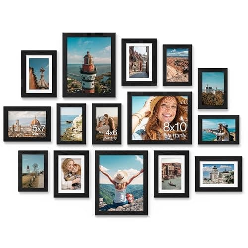 Vittanly 15 Pack Picture Frames Collage Wall Decor for Mounting or Tabletop Display, Gallery Frame Set for Family, Multi Sizes Including 3pcs 8x10, 6pcs 5x7, 6pcs 4x6, Black - Image 1