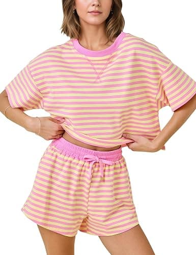 MSBESYOR Striped Set for Women Summer 2 Piece Lounge Sets Casual Pajamas Matching Set Short Sleeve T-Shirt and Shorts Outfits - Image 1