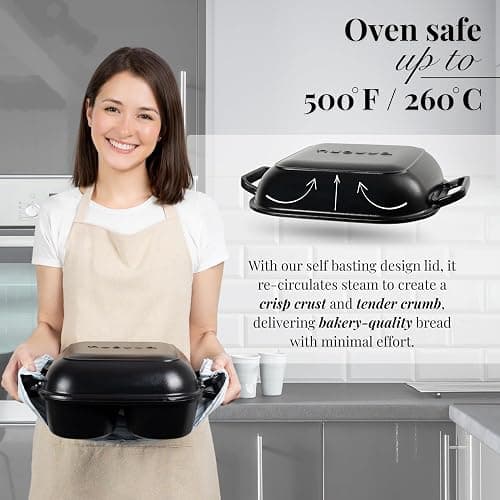 QuadPro Enamelled Cast Iron Bread Loaf Pot – Dutch Oven for Sourdough Bread Baking – 500°F Oven Safe Non Stick Bread Pot – 4 Round Loaf Spaces (4.90-inch Diameter), Black – by Nuovva thumbnail 6
