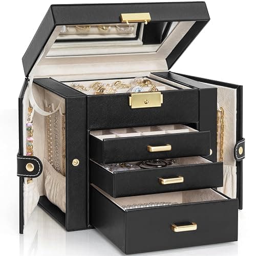 AKOZLIN 4-Tier Jewelry Box Leather Jewelry Storage Organizer with 3 Drawers Lockable for Women Girls Ring Necklace Earring Bracelet Holder with Mirror Black - Image 1