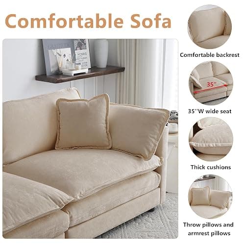 mikibama Modular Sectional Sofa, 111.5 Inch U Shaped Couch Set for Living Room, 3-Seater Comfy Cloud Couches with Movable Ottoman, DIY Combination, Chenille, Light Coffee thumbnail 3