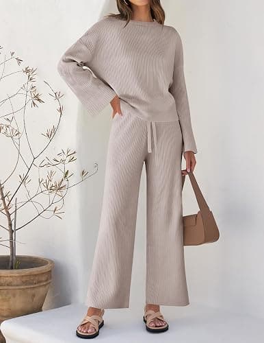 ZESICA Women's 2 Piece Outfits Set 2026 Casual Long Sleeve Knit Pullover Top and Wide Leg Pants Sweatsuit Lounge Sets thumbnail 2