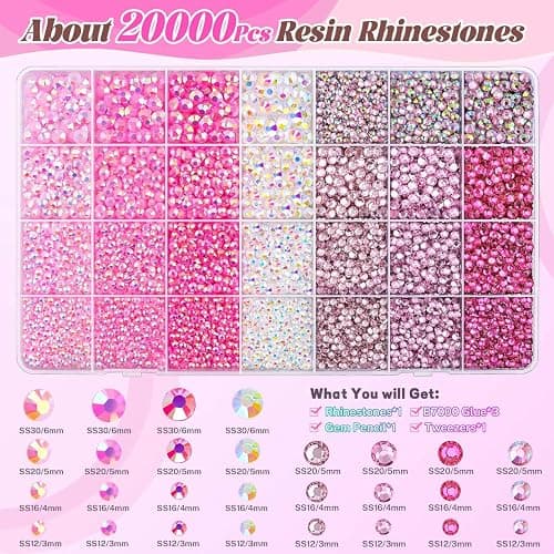 20000Pcs Pink Rhinestones for Bedazzling with 3Pcs B7000 Jewelry Glue, Resin Rhinestones for Crafting Crafts，Bedazzler Kit Flatback Gems for Clothing Shoes Tumblers Nail Art thumbnail 2