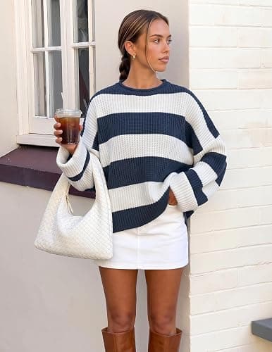 ZESICA Womens Long Sleeve Oversized Striped Knitted Sweaters | Color Block Sweater,Crew Neck Sweater,Loose Fit Sweater,Ribbed Knit Pullover,2026 Fall Winter Sweater,Casual Going Out Top thumbnail 2