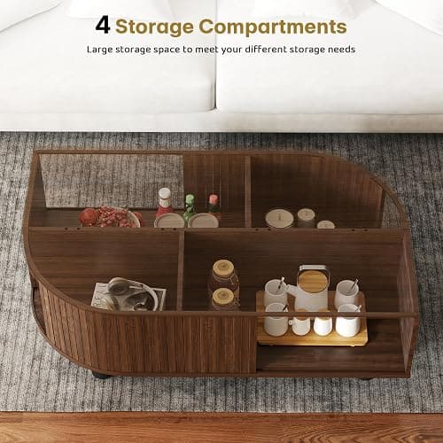 sunmiler Mid-Century Modern 39.4" Coffee Table - Leaf-Shaped Wood Center Table with Storage, Retro Fluted Central Table with Sliding Door & Large Hidden Compartment, for Living Room, Office, Walnut - Walnut thumbnail 4