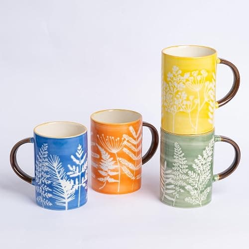 TERESA'S TEASET Coffee Mugs Set of 4, 14.5 oz Ceramic Coffee Cups with Handle, Imprint Botanical Pattern Tea Mugs, Mug Gift Set for Women, Microwave and Dishwasher Safe, Assorted Colors - Image 1