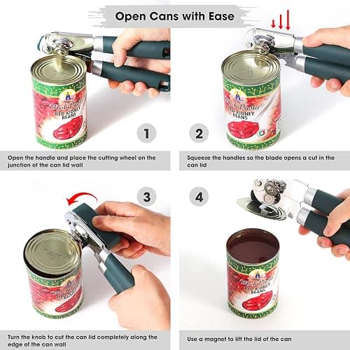 Beneno Heavy Duty Hand Can Opener Manual with Magnet, Durable Sharp Carbon Steel Blade Smooth Cutting, Big Effort-Saving Knob & Soft Grip Handle, Multifunctional Kitchen Tool with Bottle Opener, Green thumbnail 4